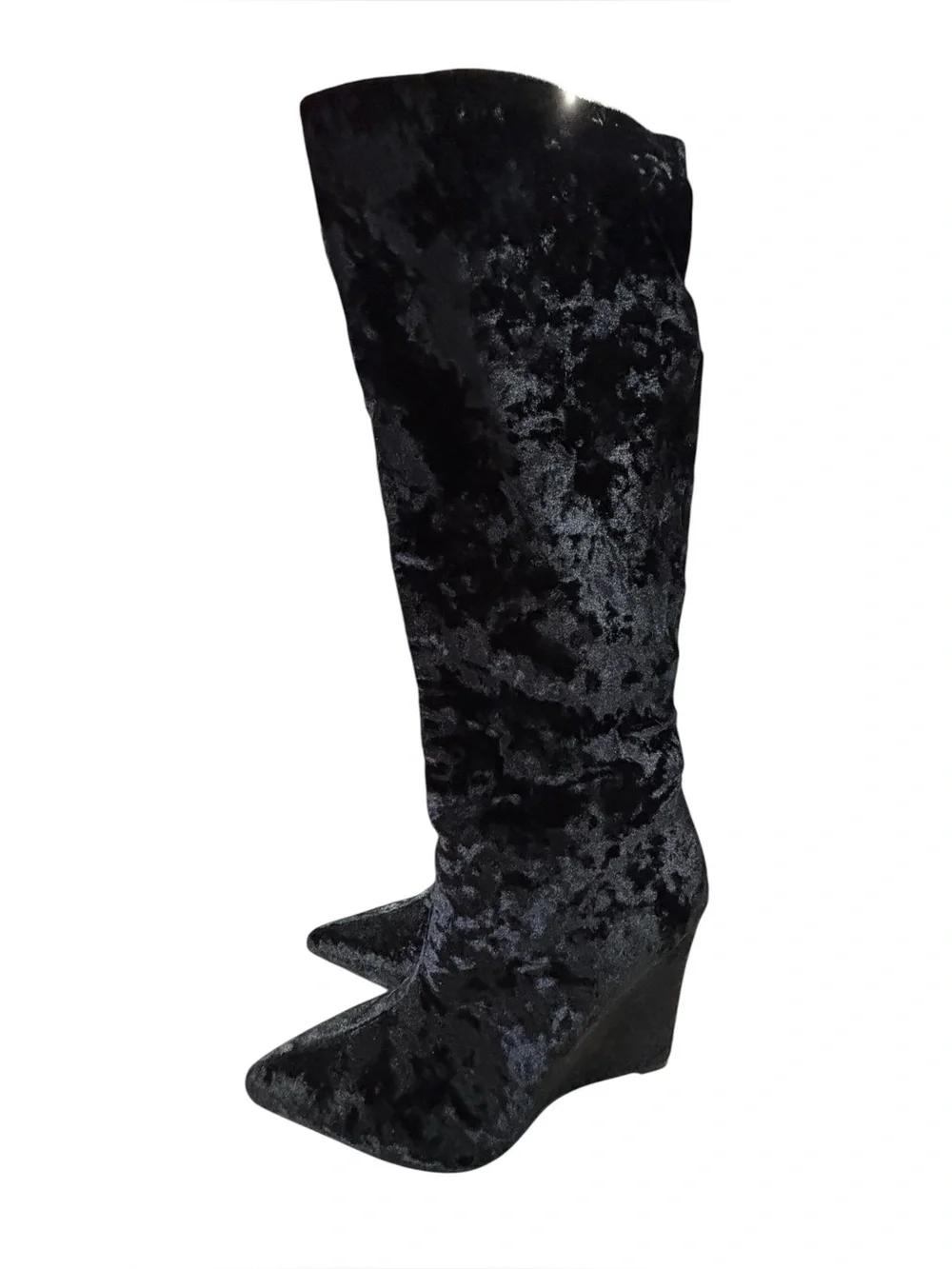 NWOB Fashion Nova Women's Black Velvet Knee-High Wedge Boots‎ Size 7.5